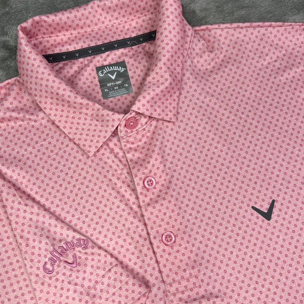 Callaway Golf Polo Shirt Men XL Pink Geometric Opti-Dri Moisture Wicking Stretch